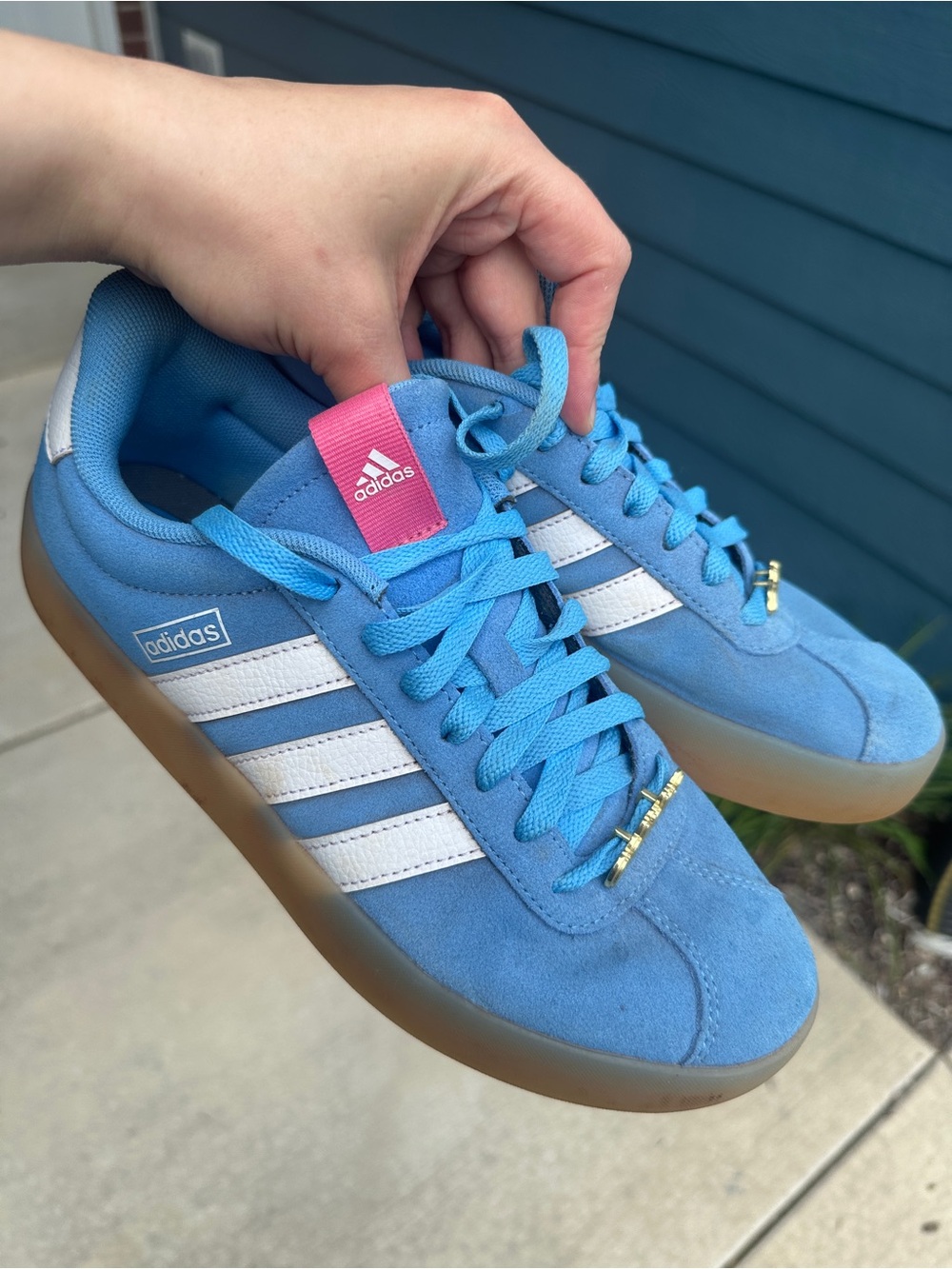 adidas Women’s Blue Suede Sneakers with White Stripes and Pink Tongue Tag